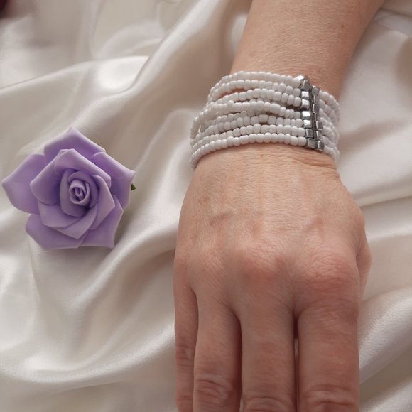 Wrap bracelet with seed beads.  Silver trim. Fits all sizes. - Picture 4 of 11